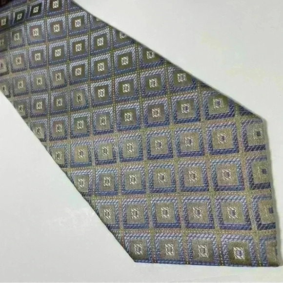 Platinum Designs Hand Made 100% Silk Men’s Necktie Geometric Blue & Tan Long Tie - Picture 5 of 6